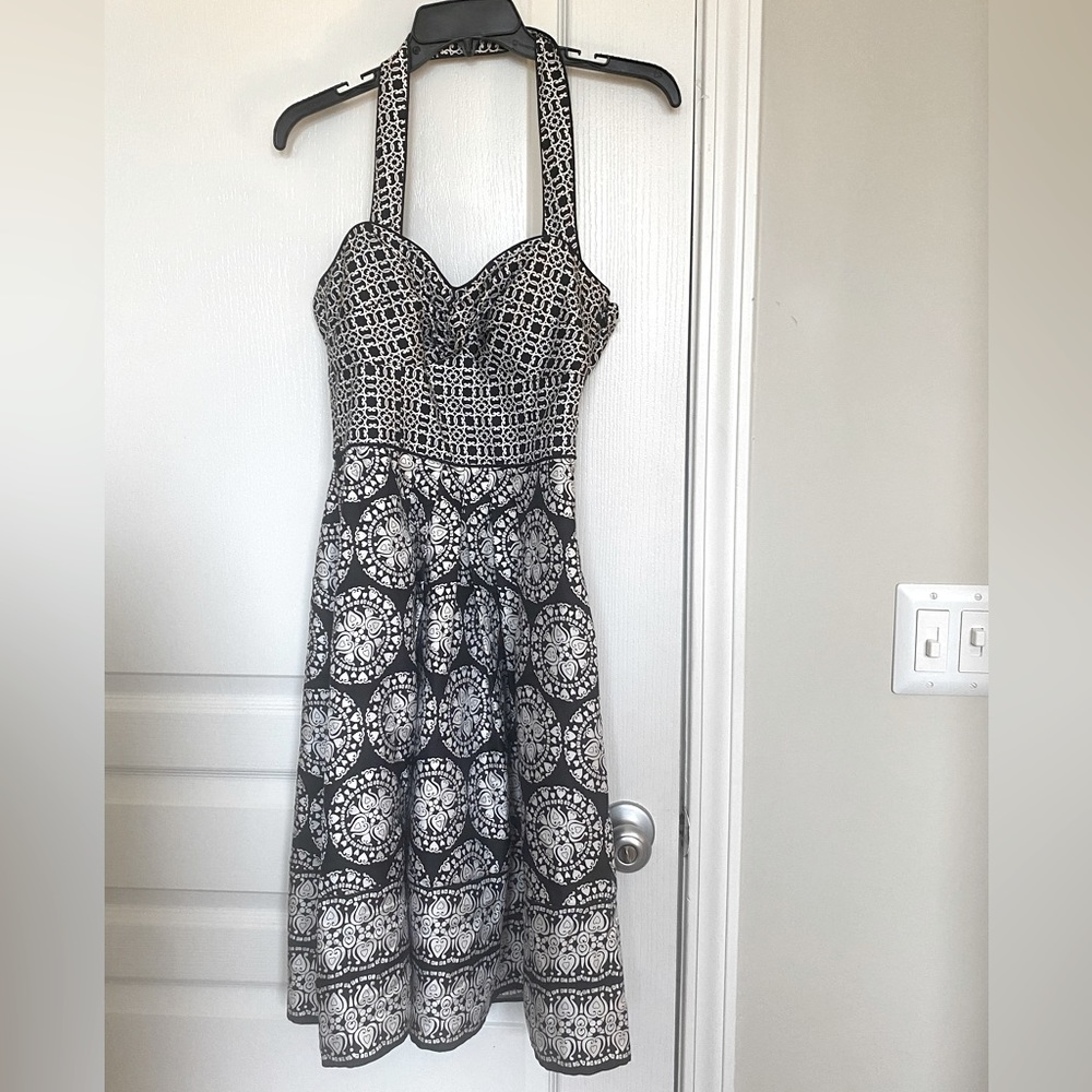 White House Black Market 100% silk black and white printed halter dress. - Picture 2 of 12